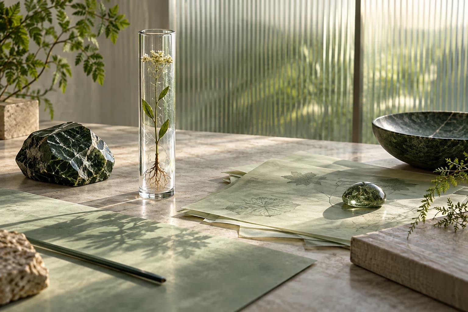 A botanical specimen and translucent research sheets in a green studio